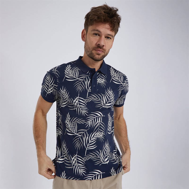 Mens Fern Print Polo Navy/Ecru