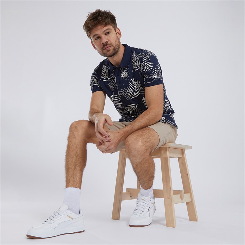 Mens Fern Print Polo Navy/Ecru 3 Mens Fern Print Polo Navy/Ecru