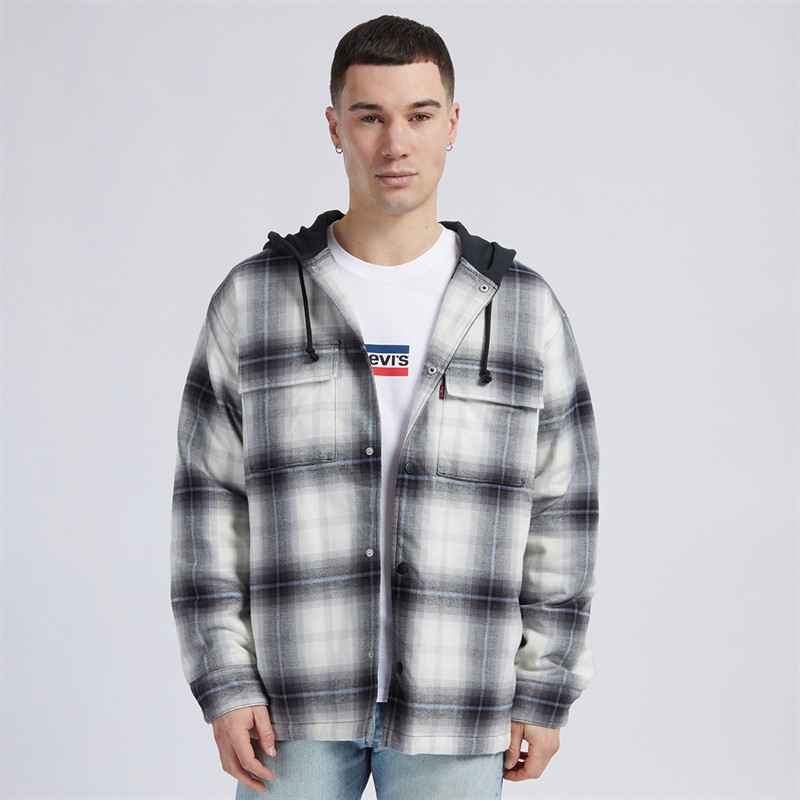 Mens Hooded Jack Worker Jacket Sanxian Plaid Larger Caviar