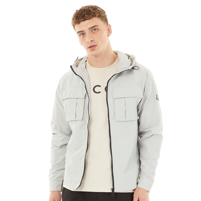 Mens Collarn Lightweight Zip Through Hooded Utility Shacket Chalk Grey