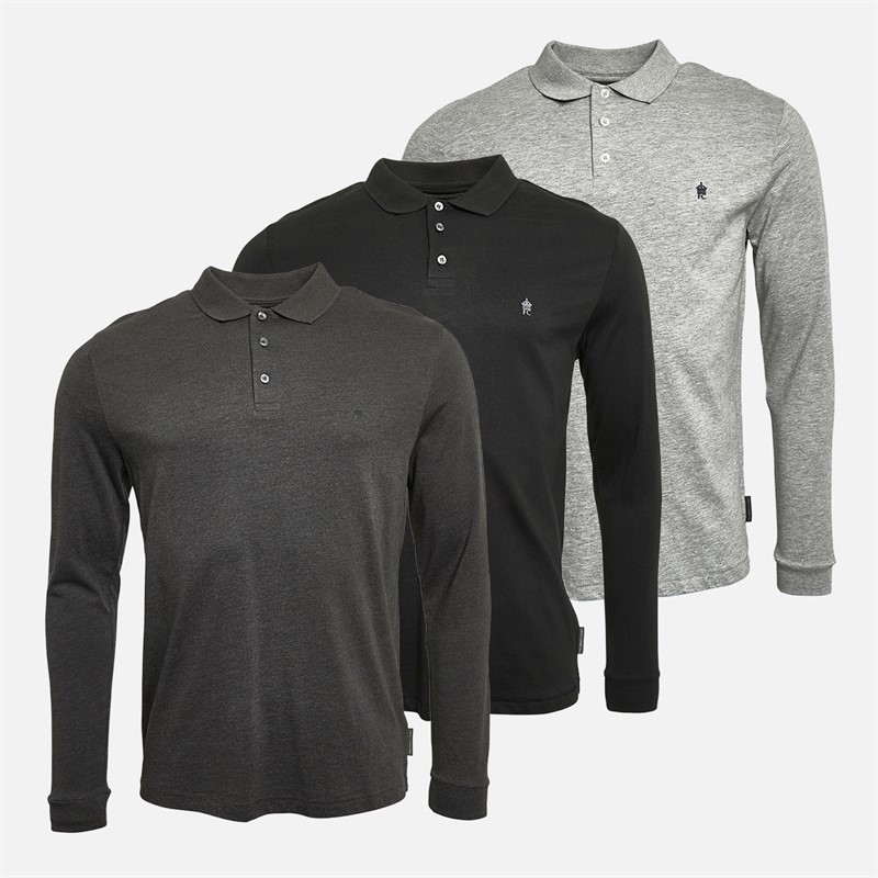 Mens Three Pack Long Sleeve Polos Black/Charcoal Melange/Light Grey Marl 1 Mens Three Pack Long Sleeve Polos Black/Charcoal Melange/Light Grey Marl