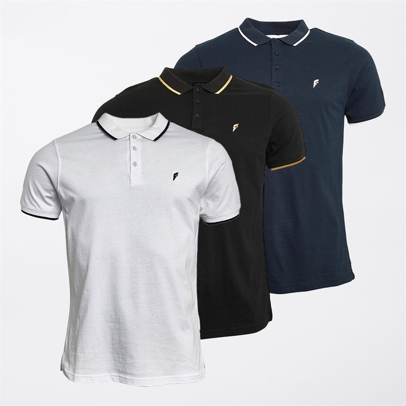 Mens Three Pack Tipped Jersey Polo Shirts White/Black/Navy 1 Mens Three Pack Tipped Jersey Polo Shirts White/Black/Navy