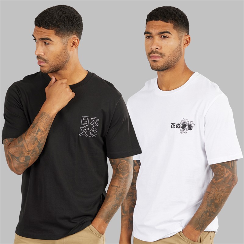 Mens Relaxed Fit Back Print Two Pack T-Shirts Black/White 2 Mens Relaxed Fit Back Print Two Pack T-Shirts Black/White