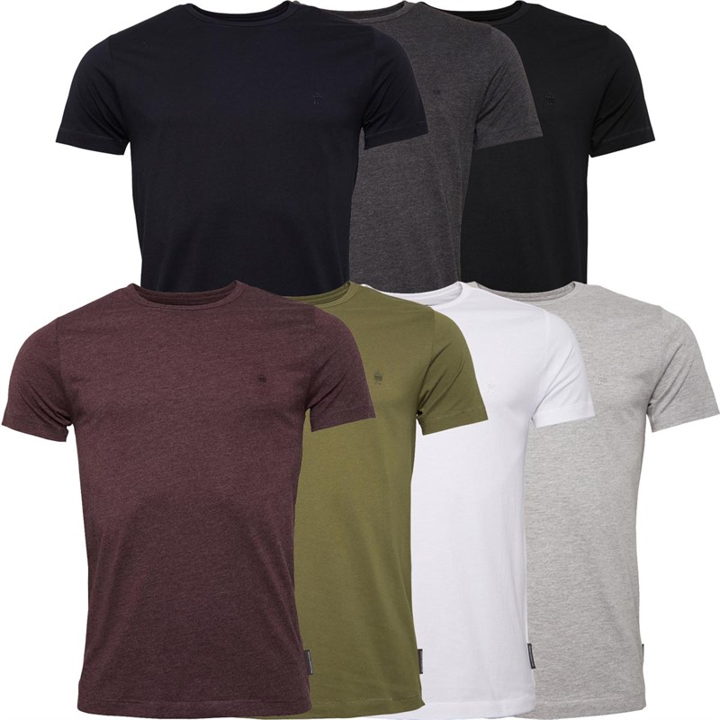 Mens Seven Pack Crew T-Shirts Multi - Black/White/Marine/Light Grey Marl/Charmel/Chatmel/Khaki