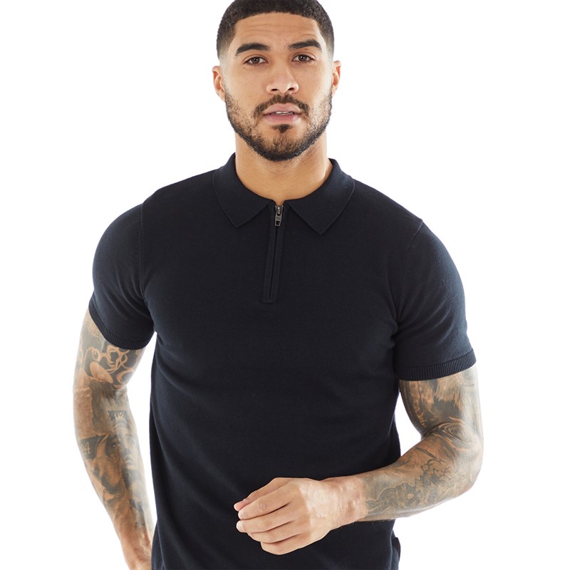 Mens Short Sleeve Cotton Zip Knit Polo Marine