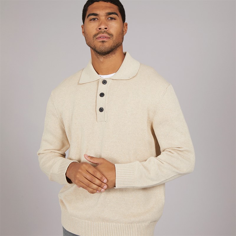 Mens Jakob Long Sleeve Relaxed Knitted Polo Oatmeal/Melange