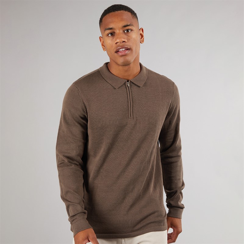 Mens Knitted Long Sleeve Polo Dark Brown