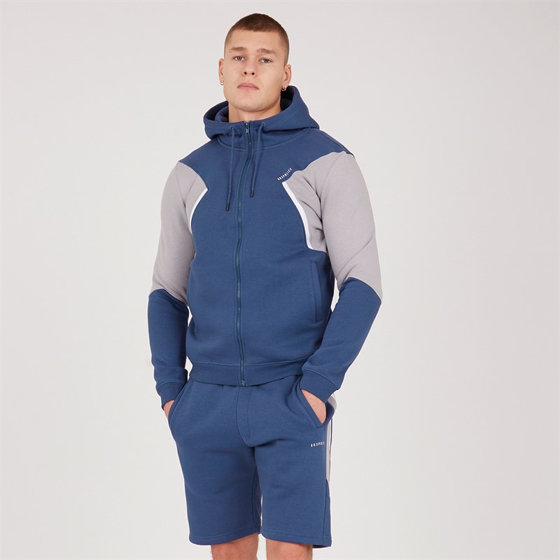 Mens Jevingon Full Zip Hoodie And Shorts Co-Ord Steel Blue/Stone Grey/White