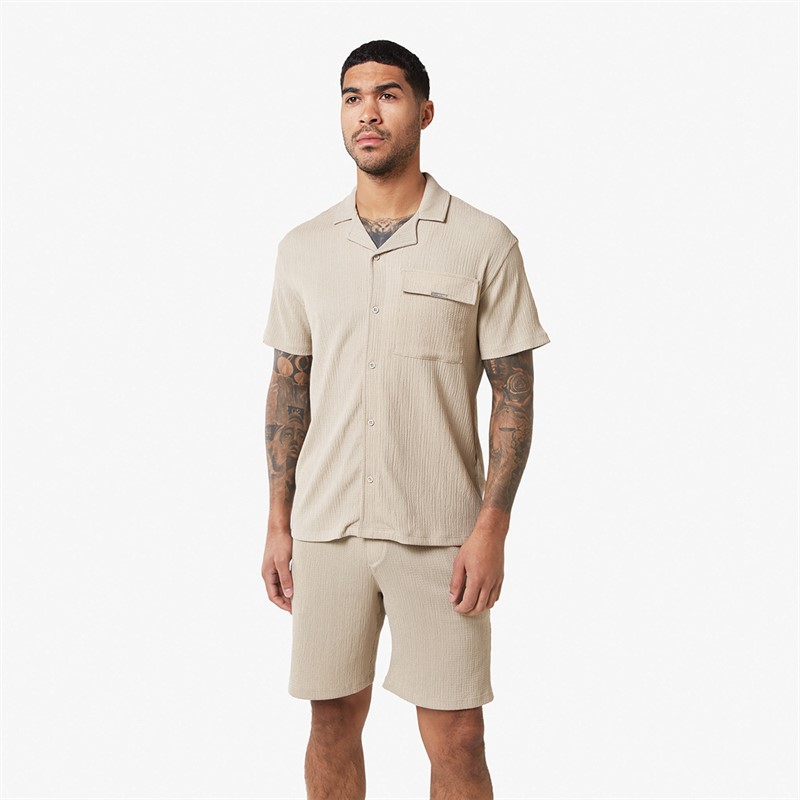 Mens Crinkle Shirt Twin Set Stone